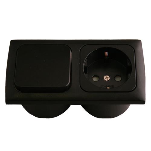 PRESA 230V SCHUKO + INTERRUTTORE + CORNICE SENZA COPERCHIO + SCATOLE PROT. NERO