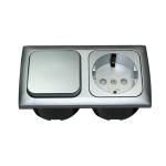 PRESA 230V SCHUKO + INTERRUTTORE + CORNICE SENZA COPERCHIO + SCATOLE PROT. ARGENTO