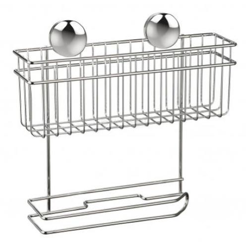 PORTA ROTOLO IN FILO CROMATO A VENTOSA CON CESTINO