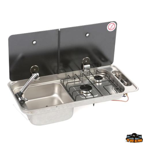 LAVELLO INOX CON PIANO DI COTTURA A GAS CON 2 FUOCHI FL1401 VASCA DX